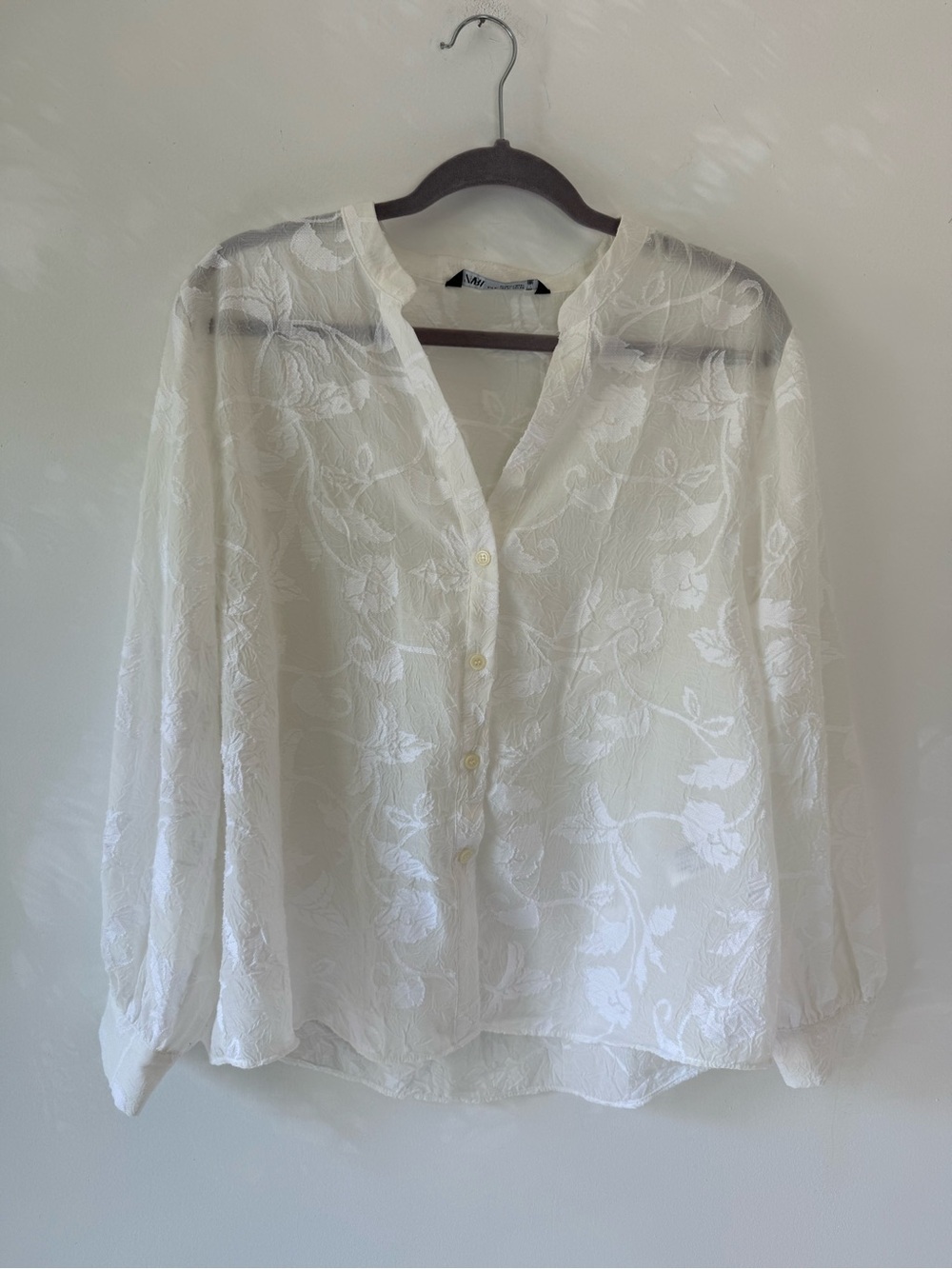 Zara White Textured Floral Jacquard Blouse Viscose Long Sleeve XL Boho